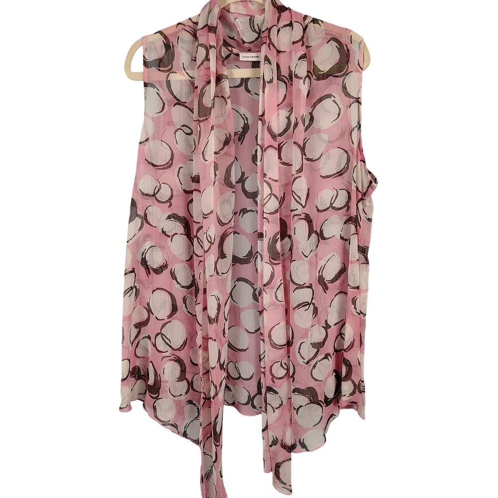 Susan Graver Womens 1X Sleeveless Scarf Neck Top Pink Abstract Chiffon Romantic